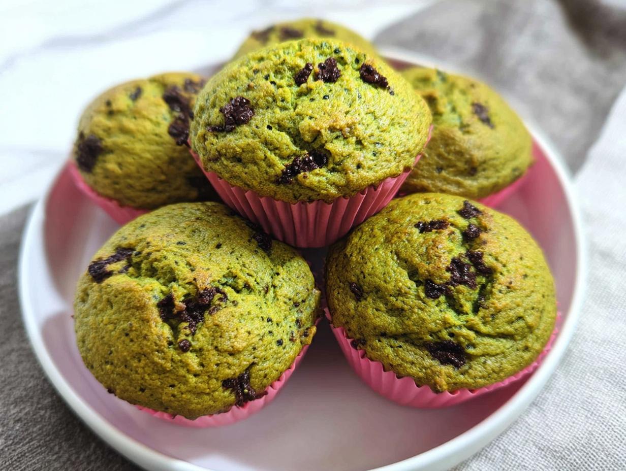 A pile of green Monster Muffins for Kids, studded with chocolate chips, presented on a pink plate.