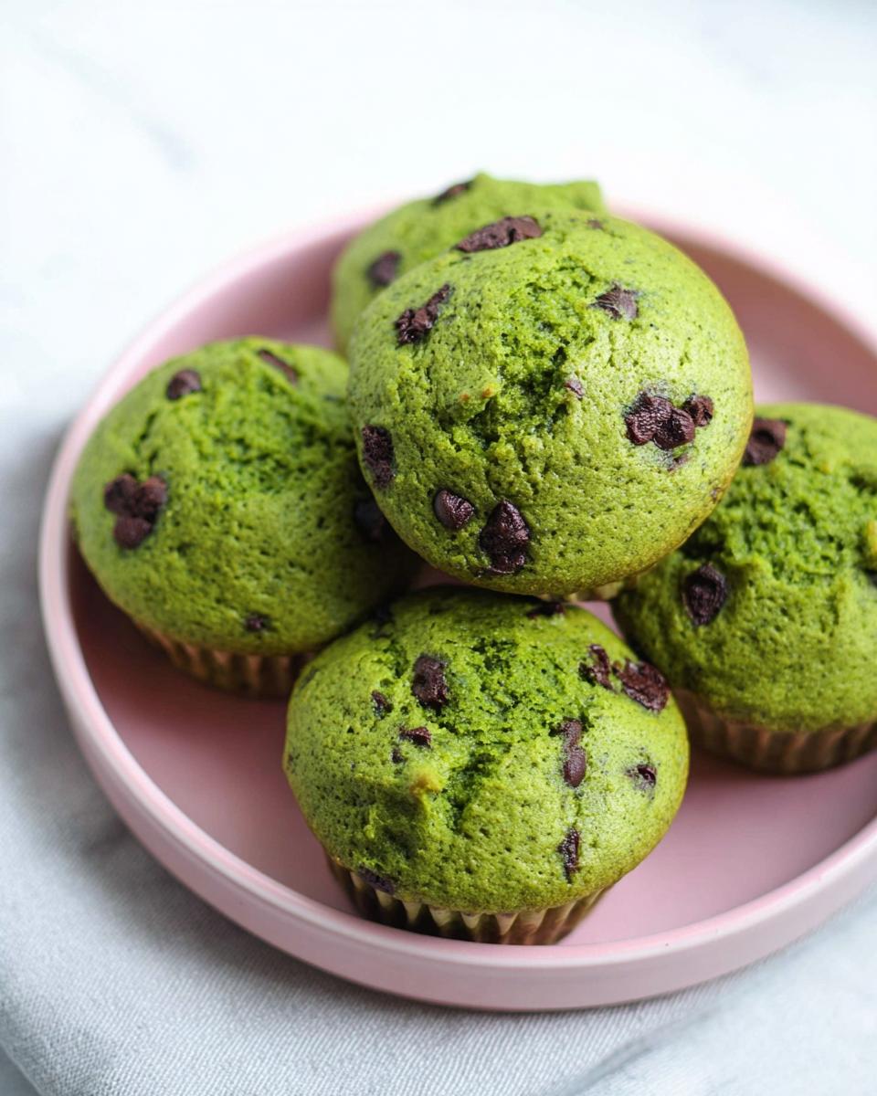 A pile of vibrant green Monster Muffins for Kids, studded with dark chocolate chips, served on a pink plate.