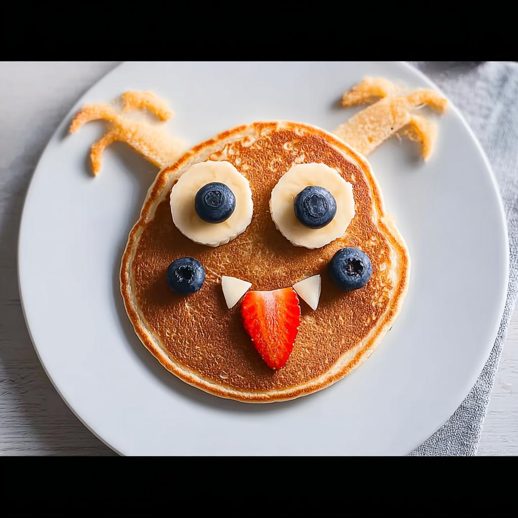 A fun monster pancake with banana eyes and blueberry pupils, strawberry tongue, and toast horns.