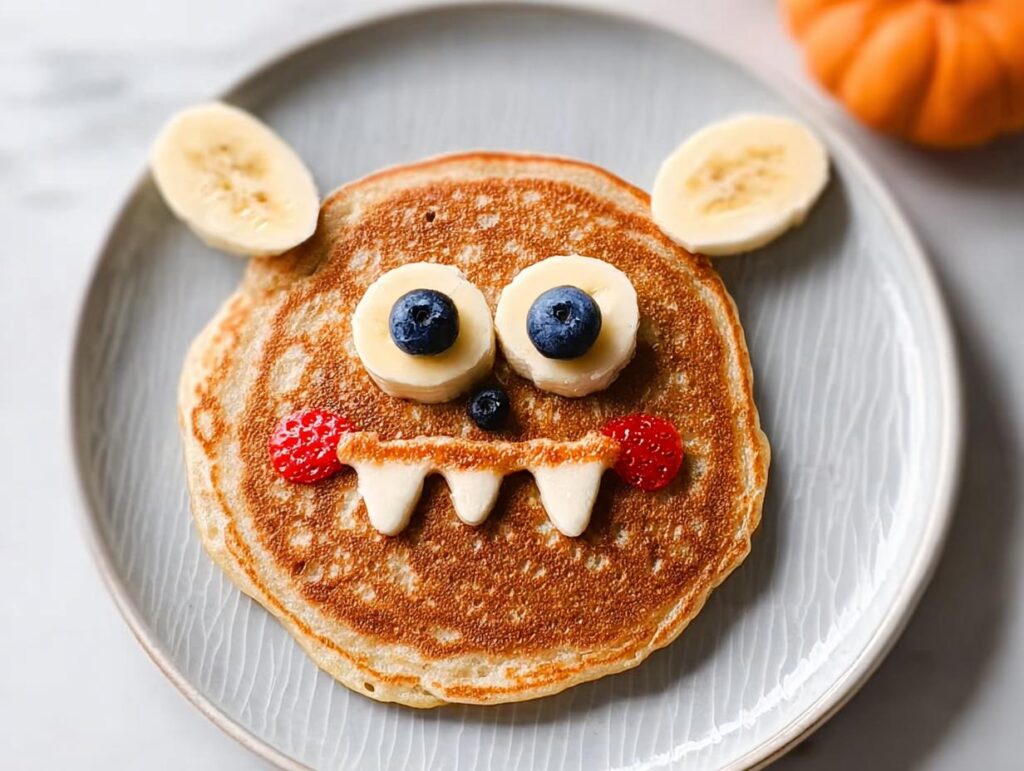 A fun Monster Pancakes recipe! Pancake decorated with banana slices, blueberries, and strawberries for a monster face.