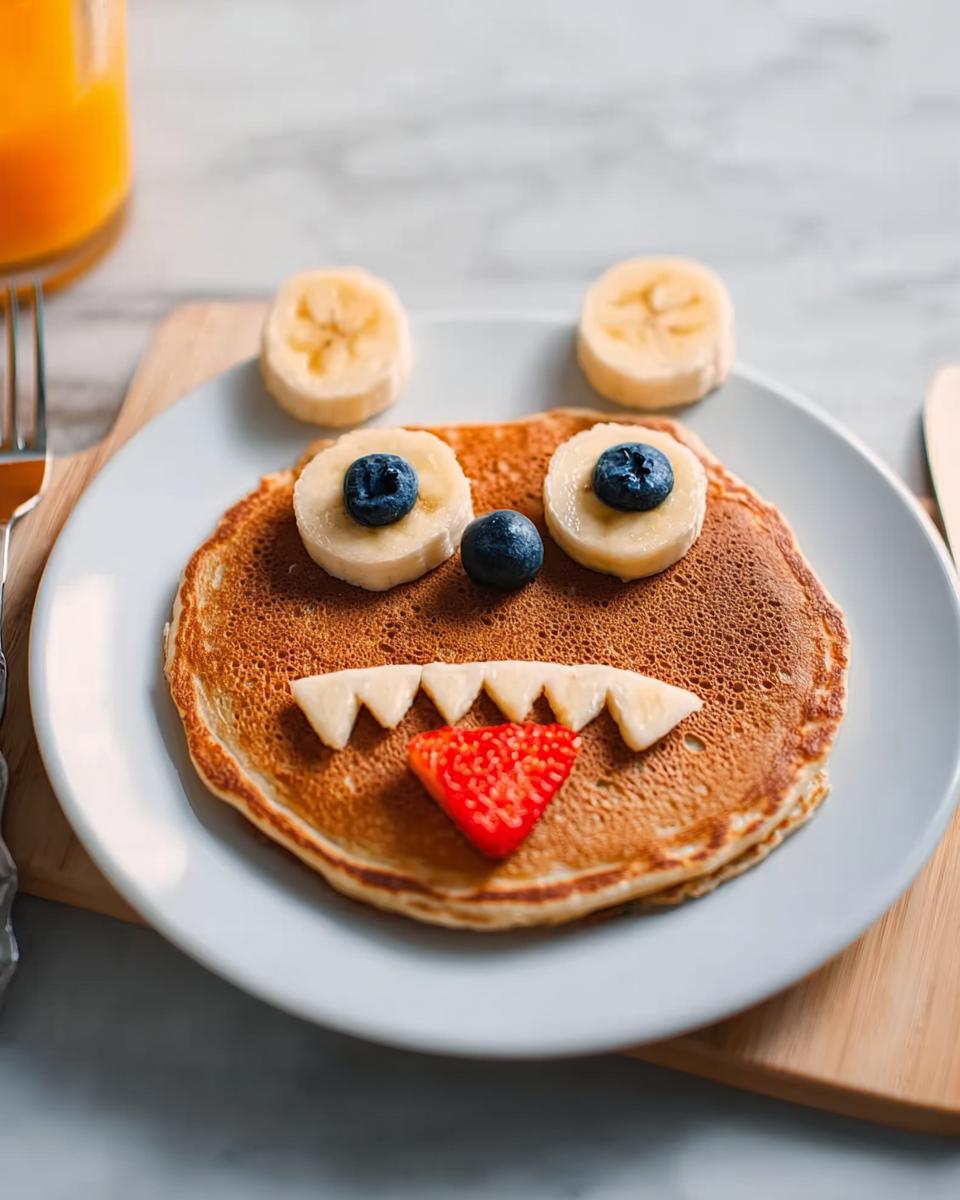 A fun plate of Monster Pancakes with banana eyes, blueberry pupils, banana teeth, and a strawberry mouth.