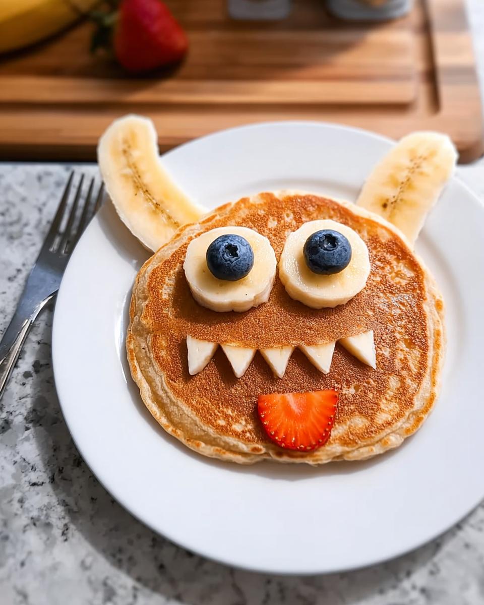 A fun monster pancake with banana eyes, blueberry pupils, banana teeth, and a strawberry tongue.