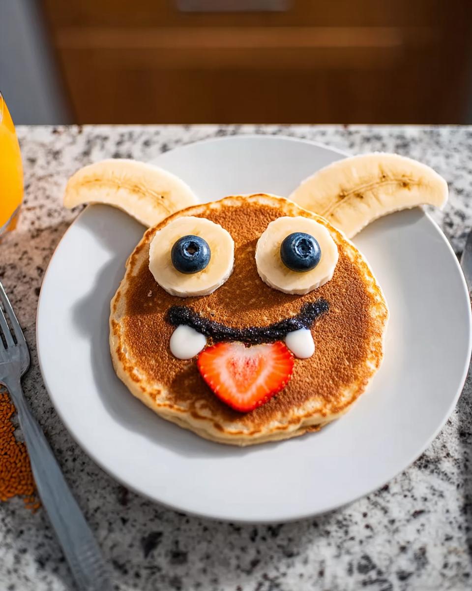 A playful Monster Pancake with banana eyes, blueberry pupils, strawberry tongue, and banana slice ears.