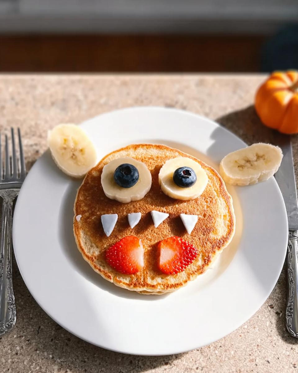 A fun plate of Monster Pancakes with banana eyes, blueberry pupils, strawberry mouth, and candy teeth.