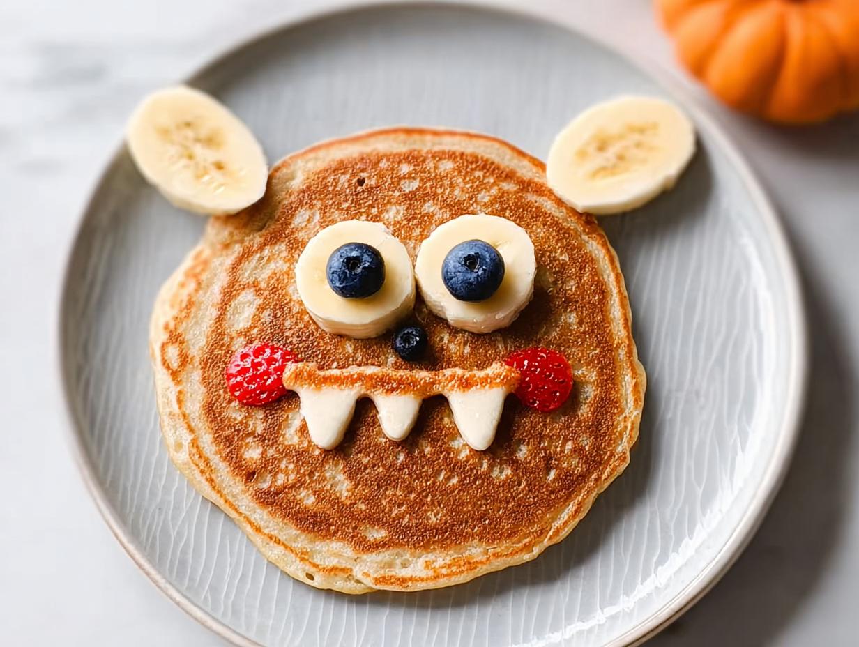 A fun Monster Pancakes recipe! Pancake decorated with banana slices, blueberries, and strawberries for a monster face.