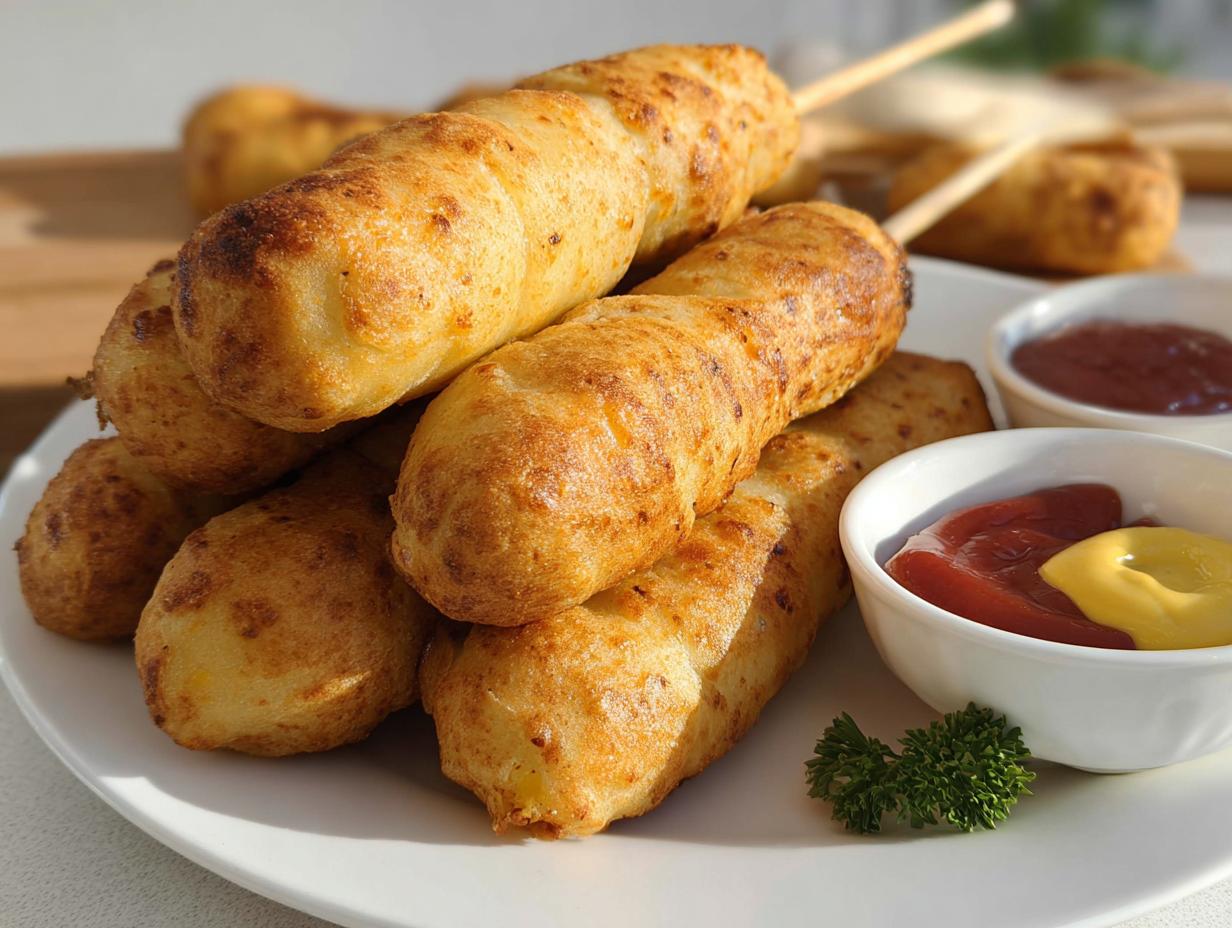 A stack of Mummy Corn Dogs in the Oven, baked to golden perfection and served with ketchup and mustard.