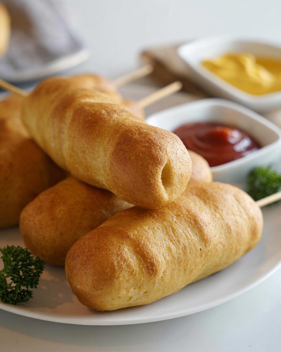 A stack of Mummy Corn Dogs in the Oven, served with ketchup and mustard for a fair-style treat.