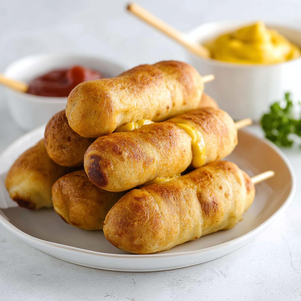 A stack of golden brown Mummy Corn Dogs in the Oven on a white plate, served with ketchup and mustard.