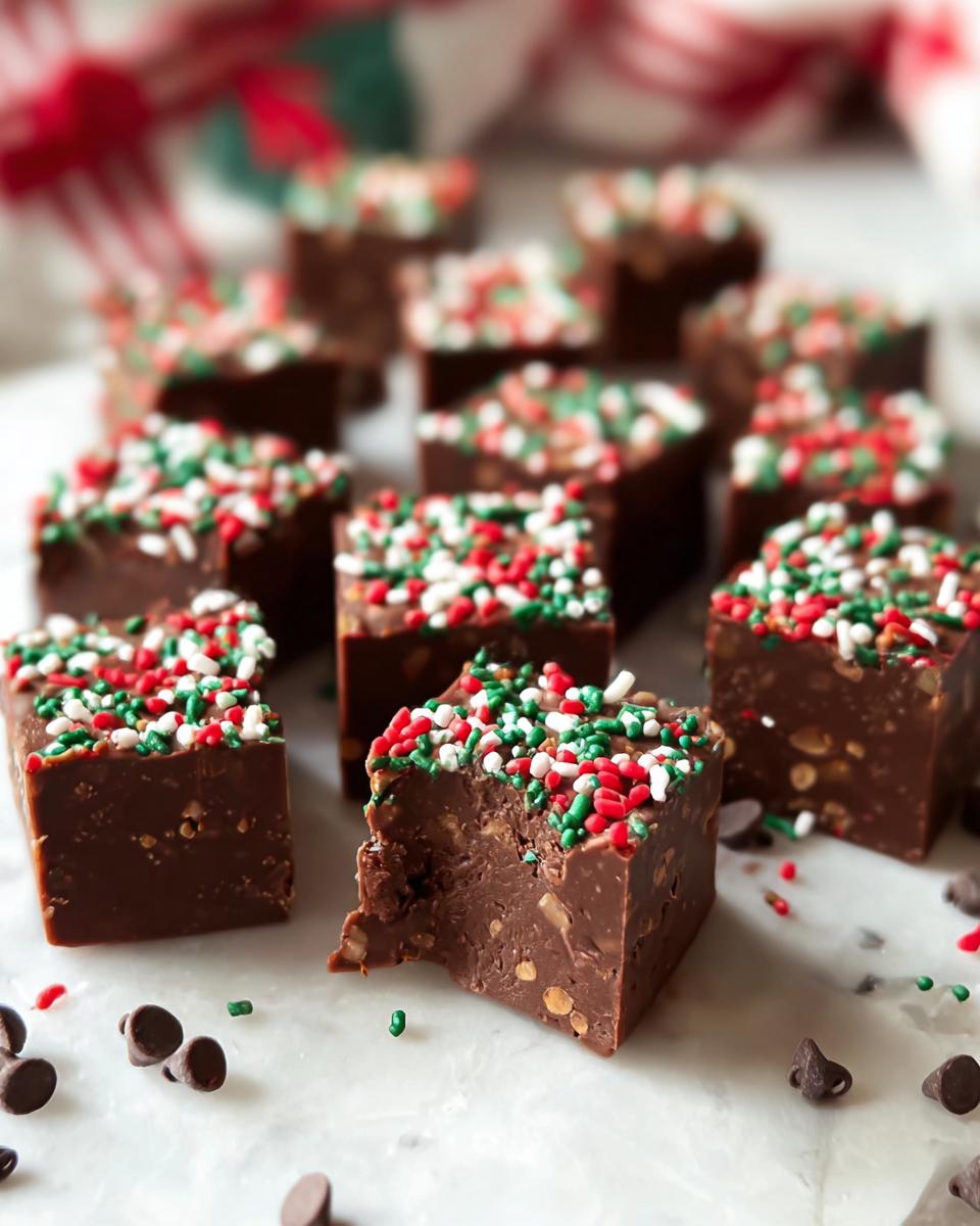 Close-up of squares of rich chocolate No-Bake Holiday Fudge Recipe topped with festive red, green, and white sprinkles.