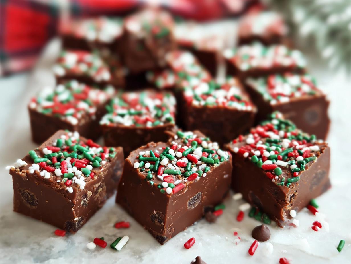 Close-up of rich chocolate no-bake holiday fudge recipe bites topped with festive red, green, and white sprinkles.