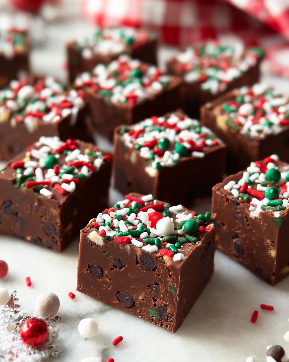 Close-up of chocolate squares topped with festive red, green, and white sprinkles, part of a No-Bake Holiday Fudge Recipe.