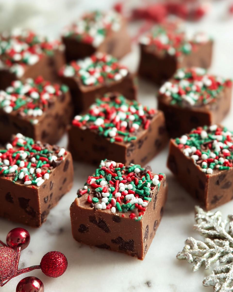 Close-up of rich chocolate fudge squares topped with festive red, green, and white holiday sprinkles. This is a no-bake holiday fudge recipe.