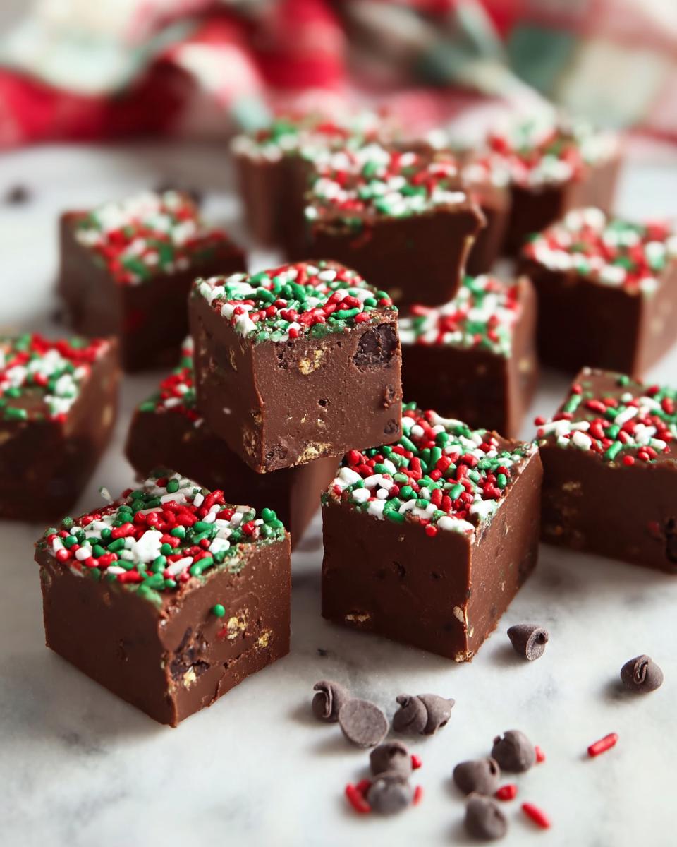 Close-up of rich chocolate squares topped with festive red, green, and white sprinkles, part of a No-Bake Holiday Fudge Recipe.