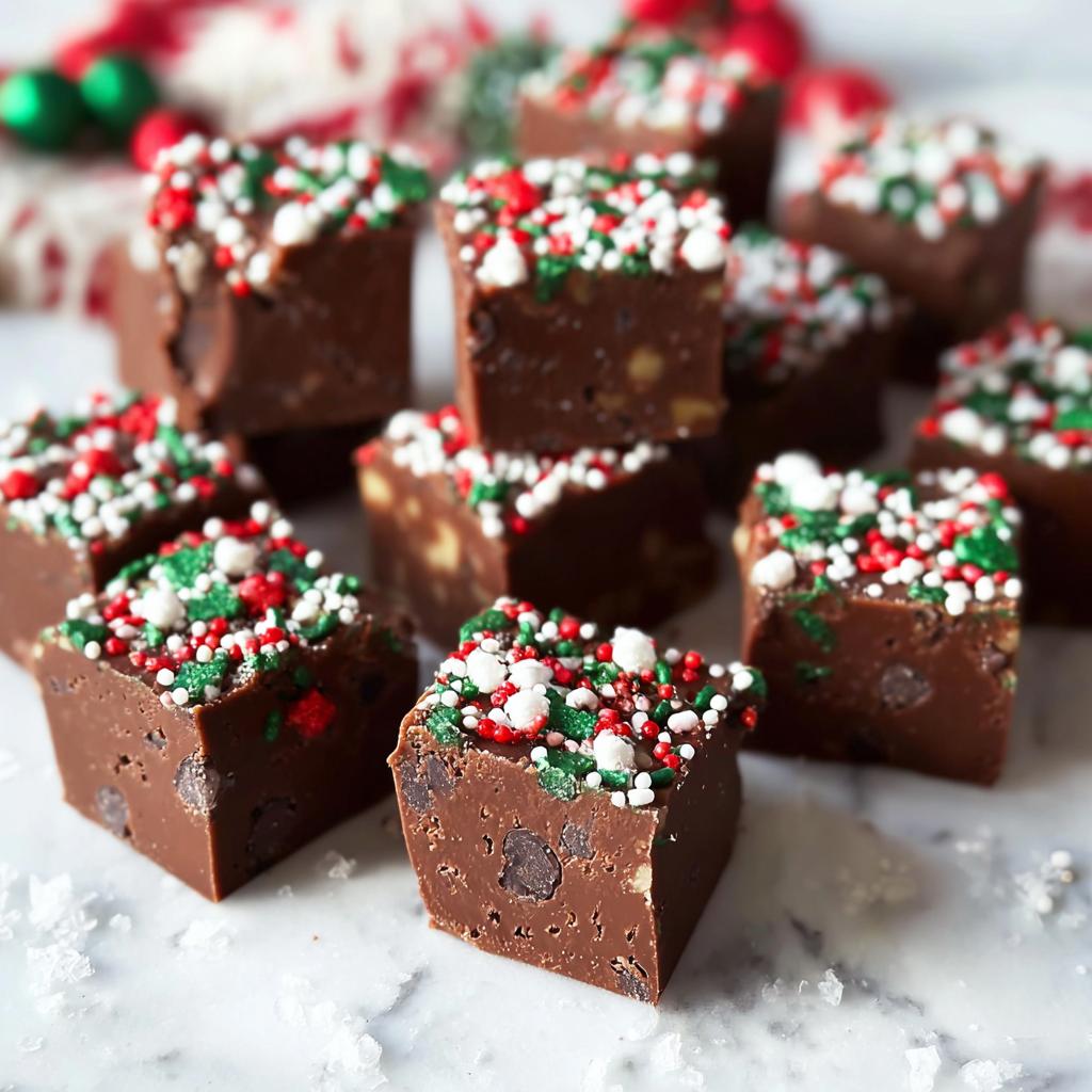 Close-up of chocolate fudge squares topped with festive red, white, and green sprinkles, perfect for a No-Bake Holiday Fudge Recipe.