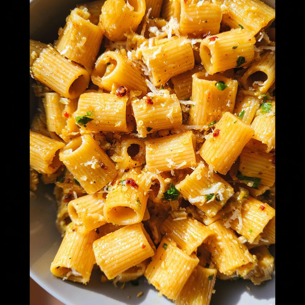 Overhead shot of One-Pan Lemon Garlic Pasta, featuring rigatoni, parmesan cheese, and red pepper flakes.