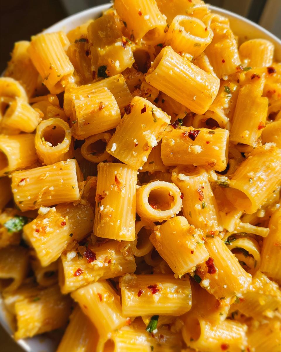 A close-up of One-Pan Lemon Garlic Pasta, featuring rigatoni with a creamy lemon garlic sauce and red pepper flakes.