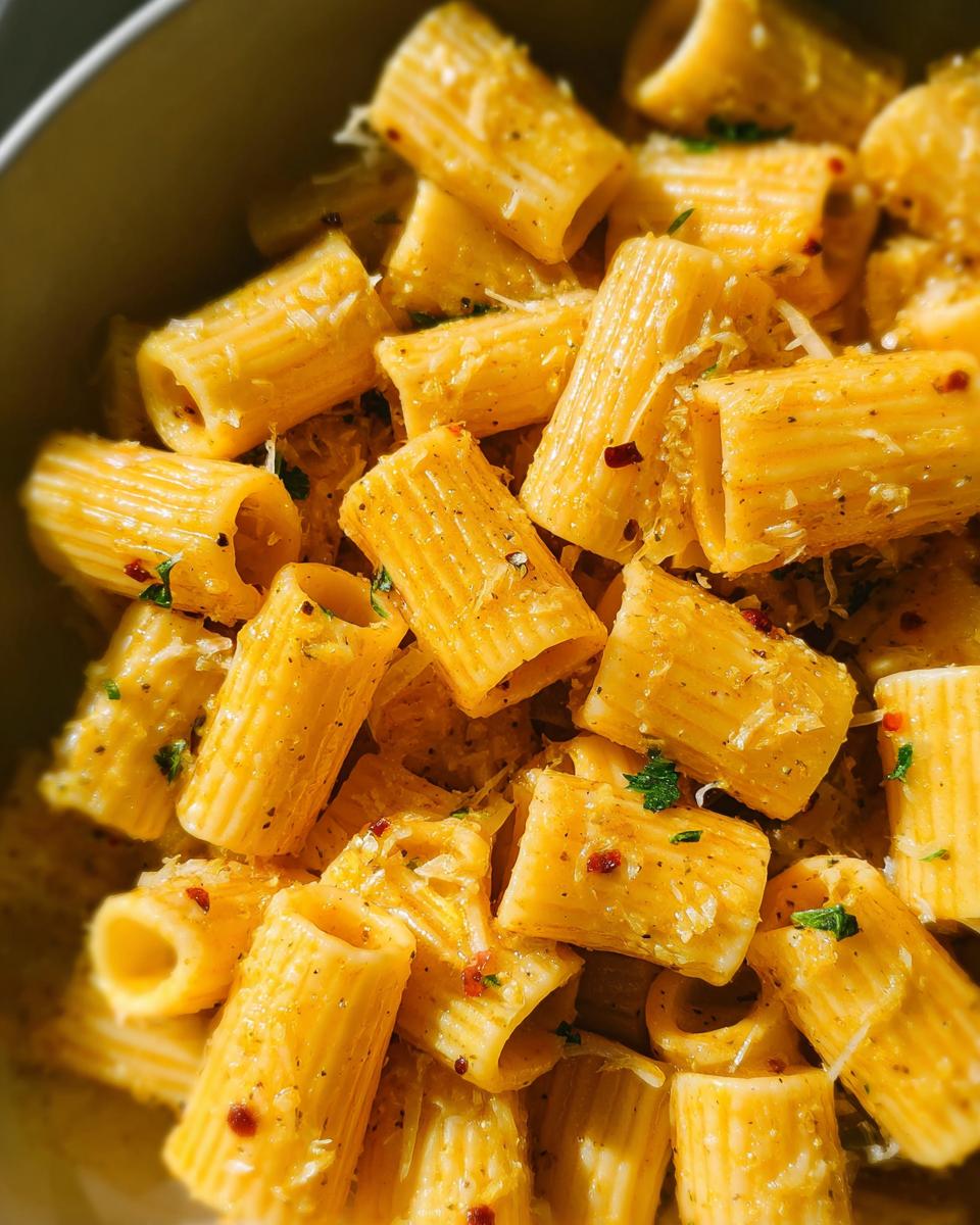 A close-up of One‑Pan Lemon Garlic Pasta, featuring rigatoni with a creamy sauce, herbs, and red pepper flakes.
