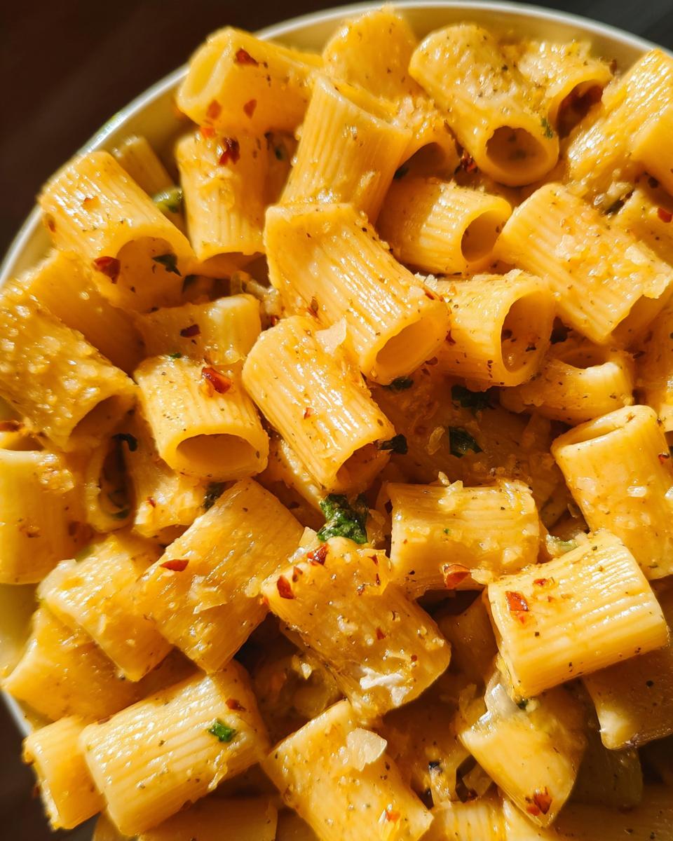 A close-up shot of One-Pan Lemon Garlic Pasta with rigatoni, herbs, and red pepper flakes.
