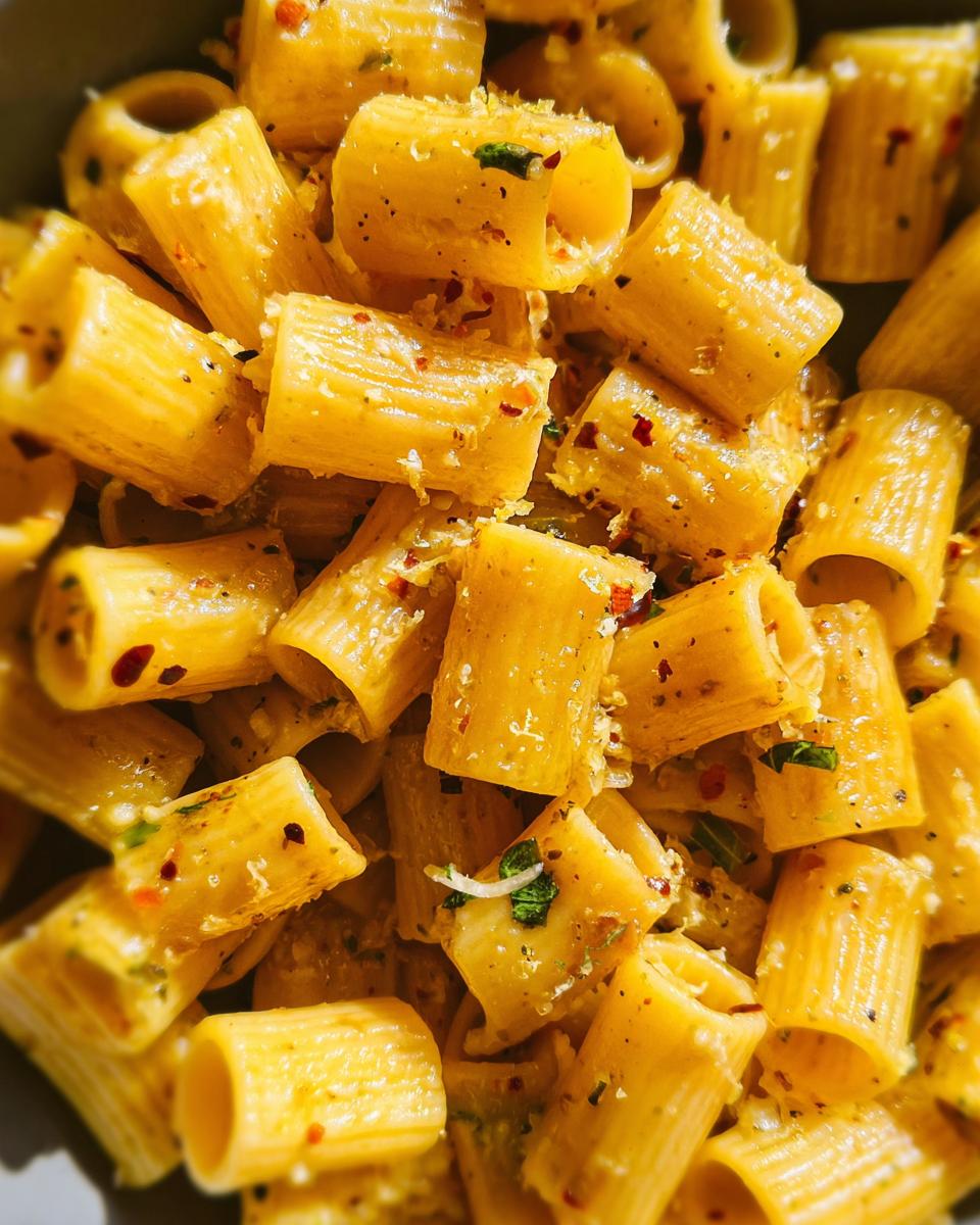 Detailed close-up of One-Pan Lemon Garlic Pasta, featuring rigatoni with a creamy lemon sauce, herbs, and red pepper flakes.
