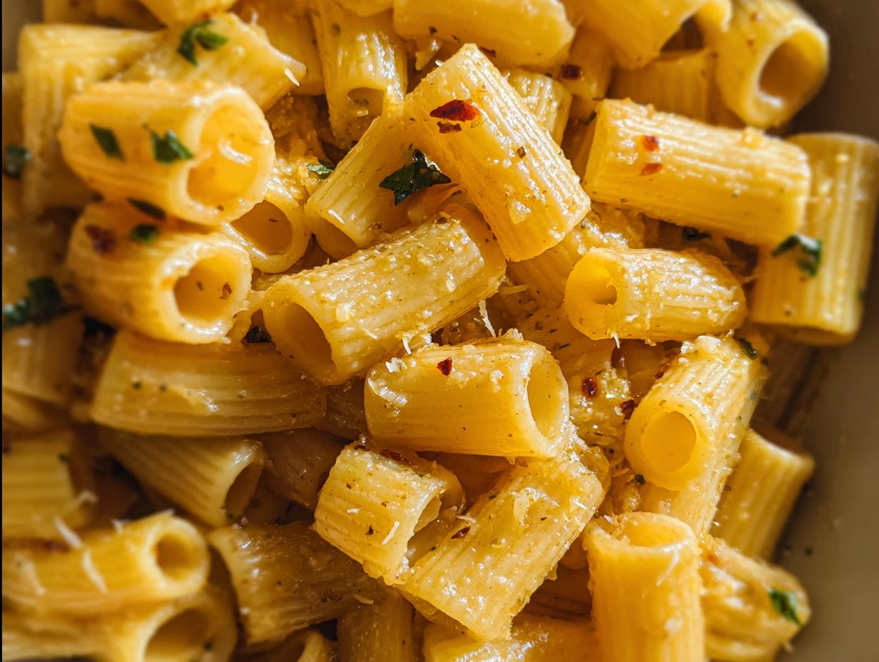 Close-up of One-Pan Lemon Garlic Pasta, featuring rigatoni with lemon garlic sauce, herbs, and red pepper flakes.