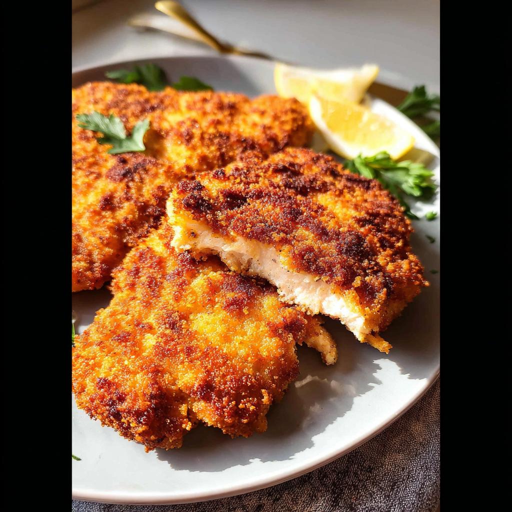 Close-up of golden-brown Parmesan Crusted Chicken fillets on a plate, garnished with lemon wedges and parsley.