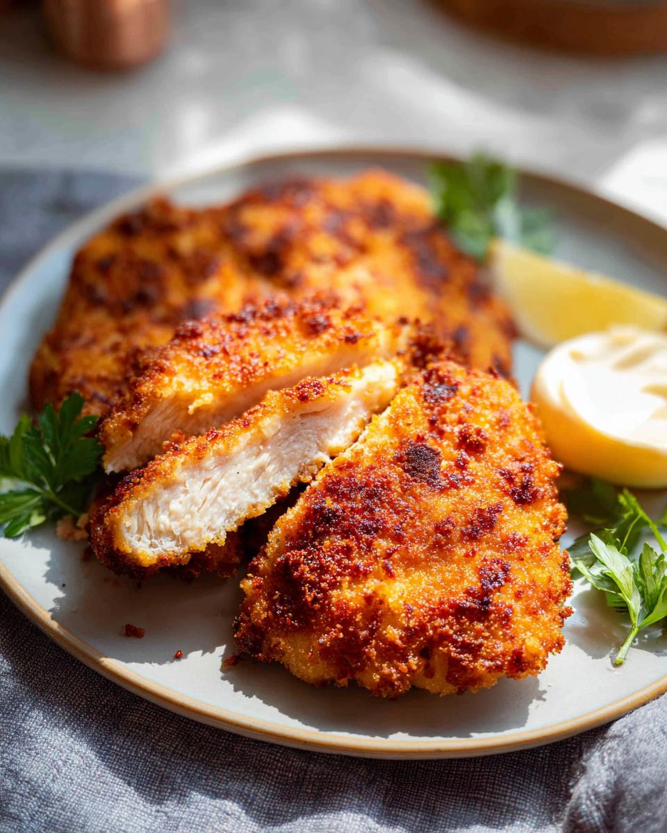 Close-up of golden-brown Parmesan Crusted Chicken fillets, one sliced to show juicy interior, garnished with parsley and lemon.