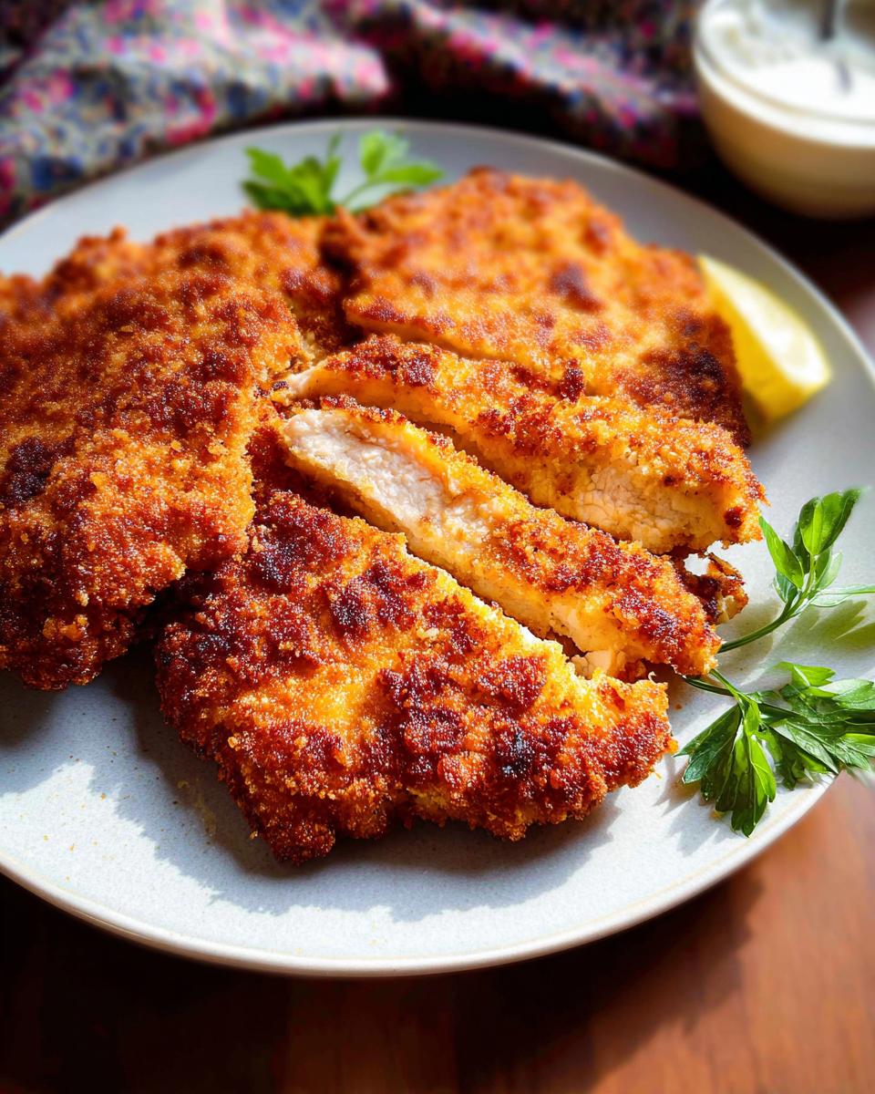 Close-up of golden brown Parmesan Crusted Chicken fillets, one sliced to show juicy interior, garnished with parsley and lemon.