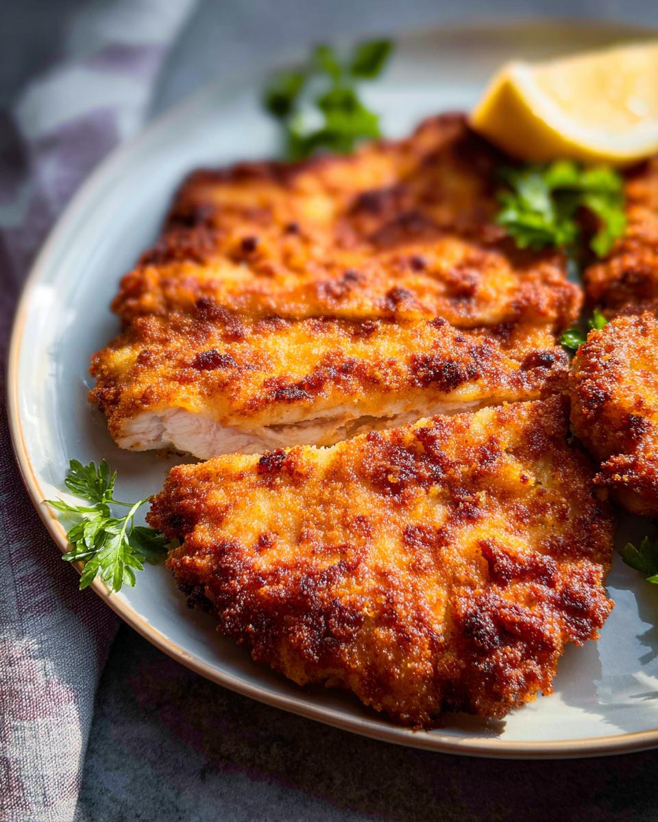 Close-up of golden brown Parmesan Crusted Chicken fillets on a white plate, garnished with parsley and a lemon wedge.
