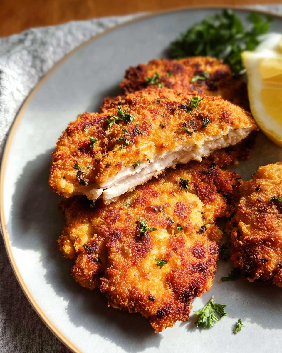 A close-up of golden-brown Parmesan Crusted Chicken fillets, one cut in half to show the juicy interior, garnished with parsley and a lemon wedge.