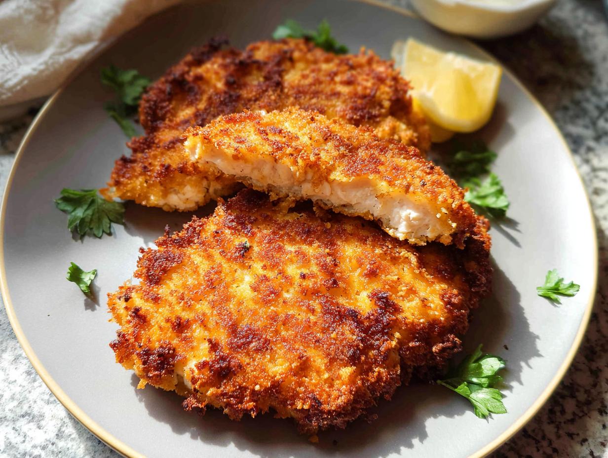 Close-up of golden brown Parmesan Crusted Chicken fillets on a grey plate, garnished with parsley and a lemon wedge.