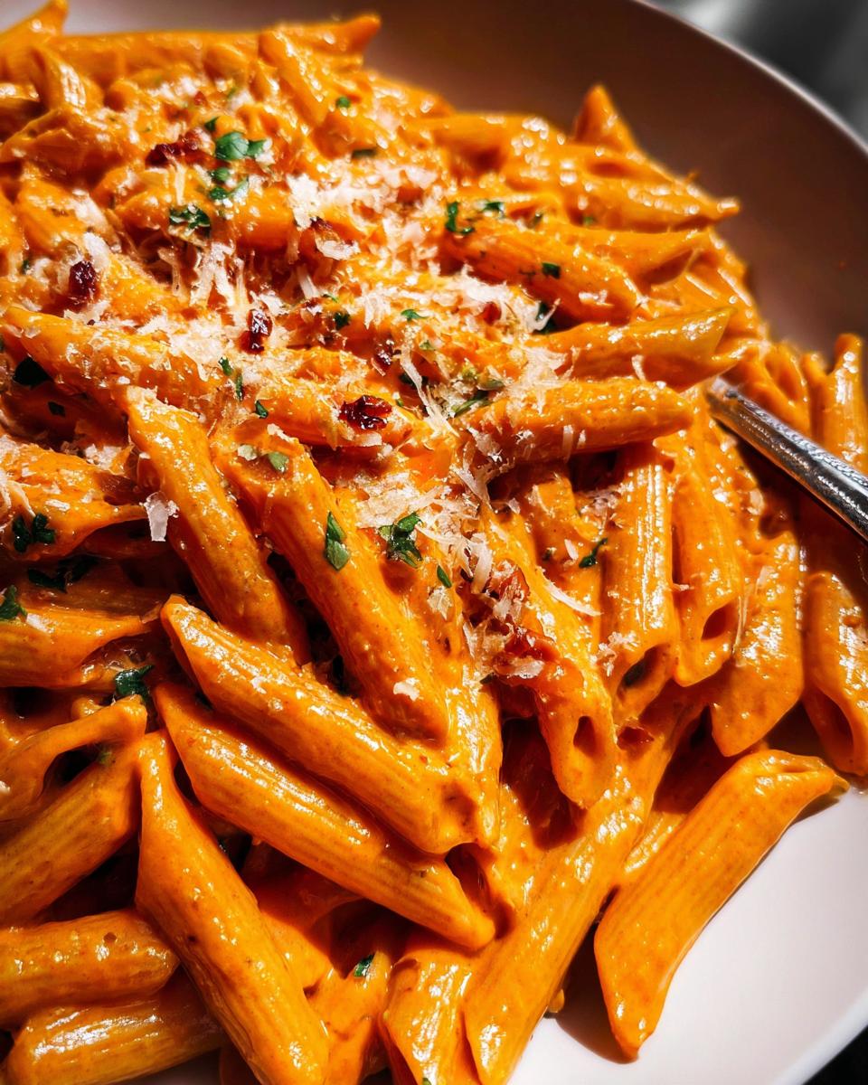 A close-up of a bowl of Penne alla Vodka, coated in a rich, creamy tomato sauce and topped with Parmesan cheese and parsley.