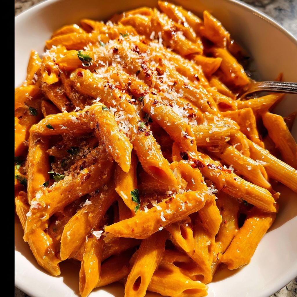 A close-up of a bowl filled with Penne alla Vodka, coated in a rich, creamy tomato sauce, and topped with grated Parmesan and herbs.