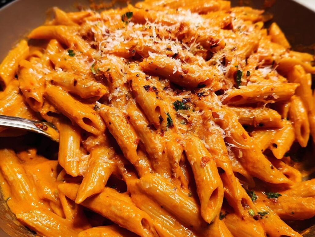 A close-up view of a bowl filled with Penne alla Vodka, coated in a rich, creamy tomato sauce and topped with grated Parmesan cheese.
