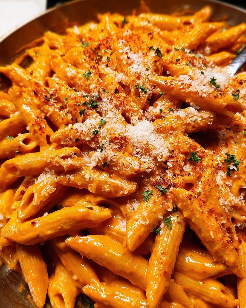 Close-up of a generous serving of Penne alla Vodka, coated in a rich, creamy tomato sauce and topped with grated Parmesan cheese and parsley.