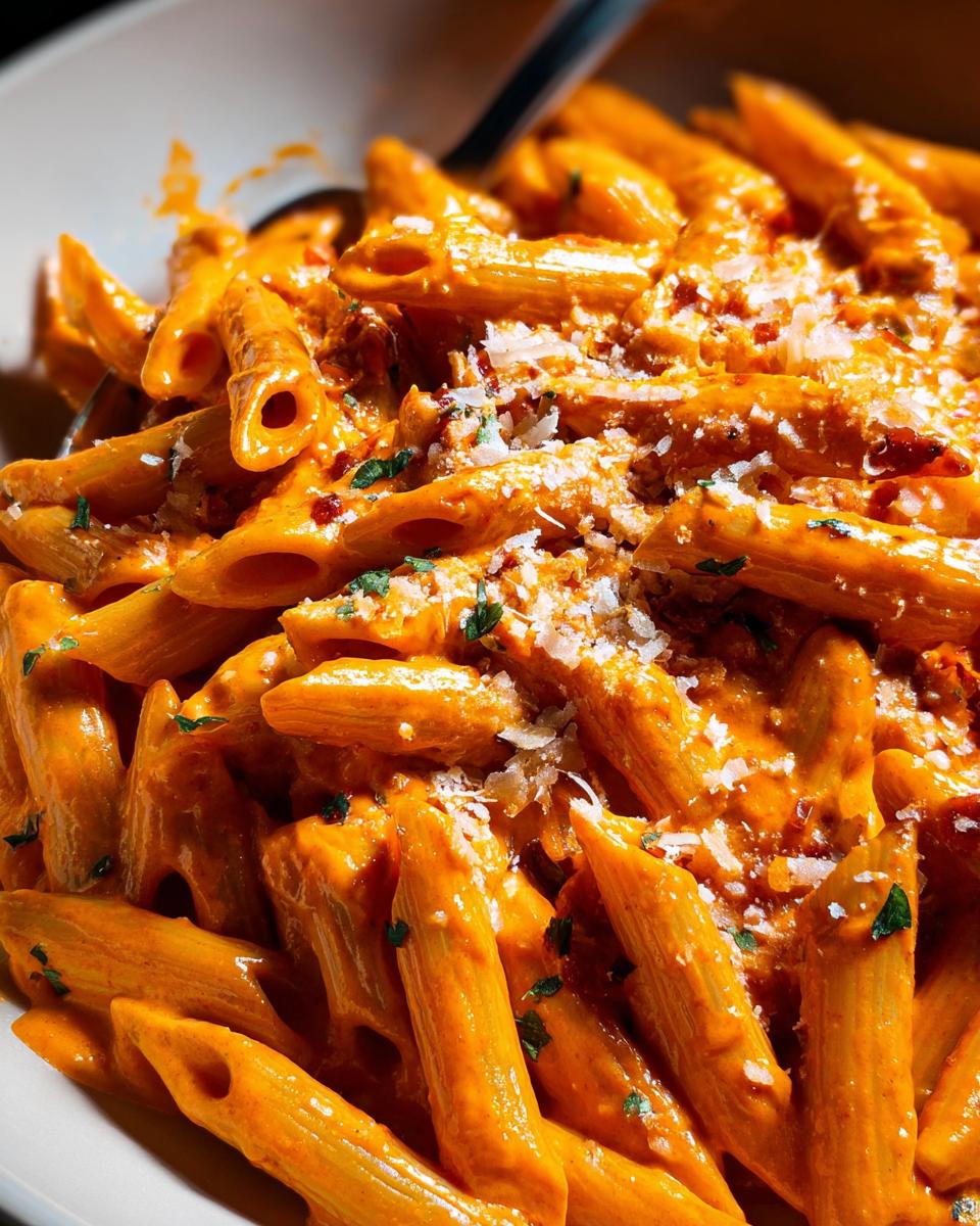 Close-up of a bowl of Penne alla Vodka, coated in a rich, creamy tomato sauce and topped with grated Parmesan cheese and parsley.