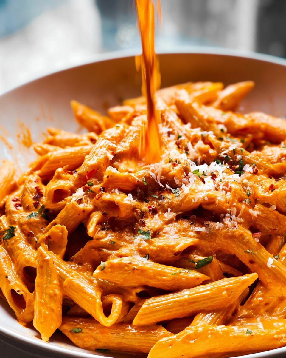 A bowl of Penne alla Vodka pasta being drizzled with sauce, topped with parmesan cheese and herbs.