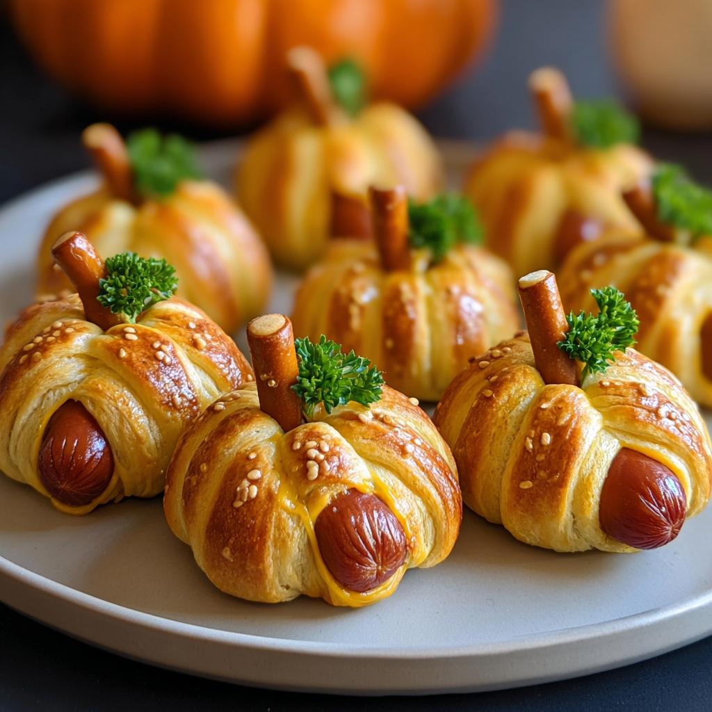 Close-up of Pumpkin Patch Pigs in a Blanket Bites shaped like pumpkins, with pretzel stems and parsley leaves.
