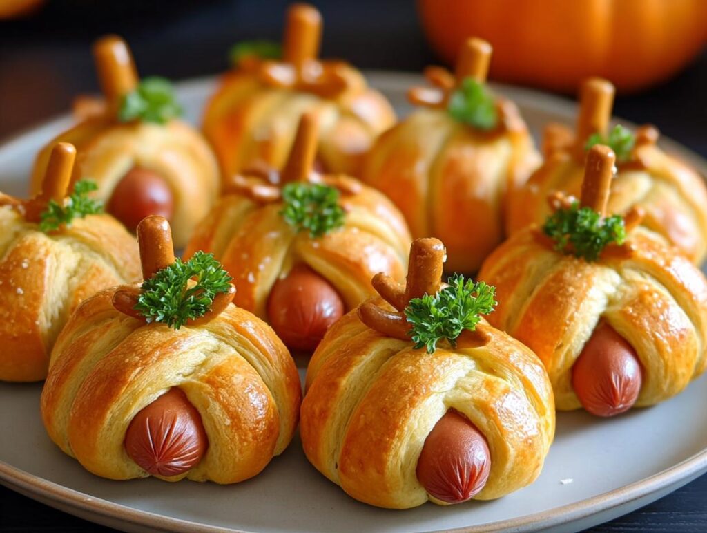 A plate of festive Pumpkin Patch Pigs in a Blanket Bites, shaped like pumpkins with pretzel stems and parsley leaves.