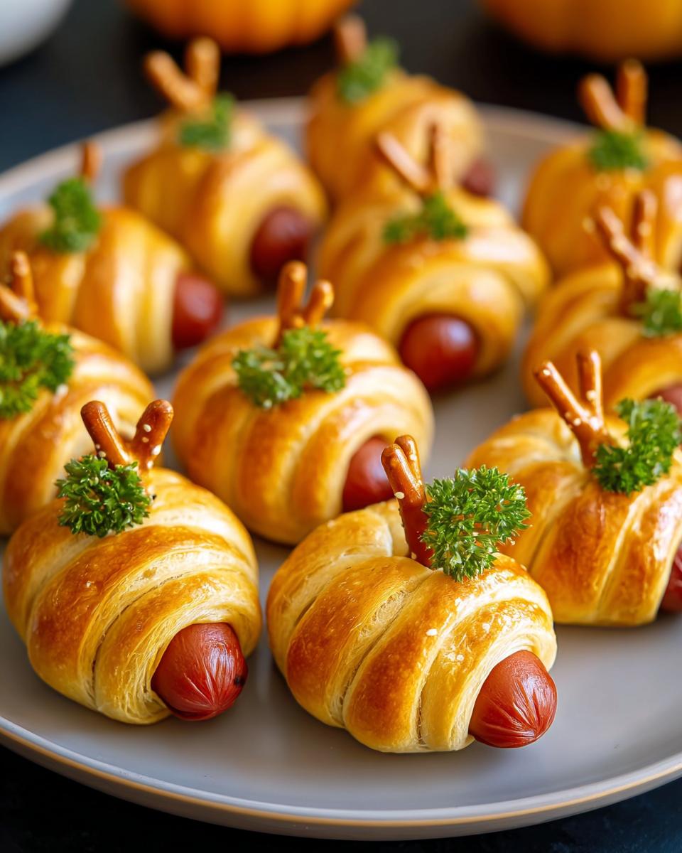 Close-up of Pumpkin Patch Pigs in a Blanket Bites arranged on a plate, decorated with pretzel stems and parsley.