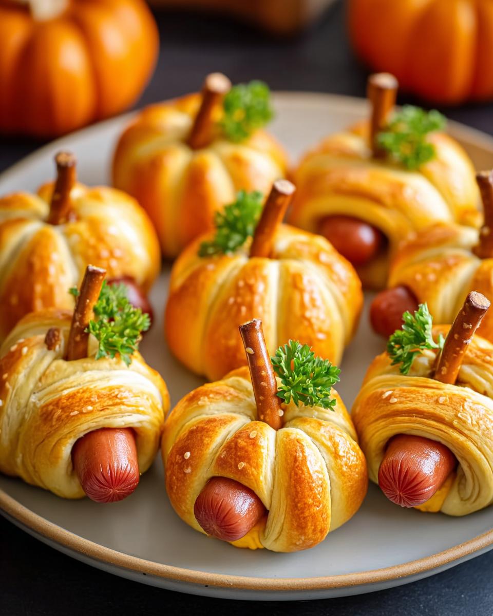 A plate of festive Pumpkin Patch Pigs in a Blanket Bites, shaped like pumpkins with pretzel stems.
