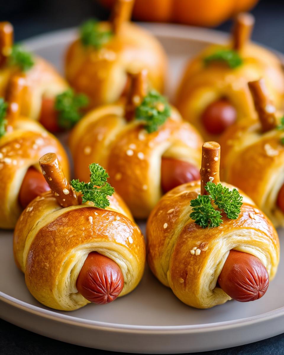 Close-up of Pumpkin Patch Pigs in a Blanket Bites on a plate, styled as pumpkins with pretzel stems and parsley.