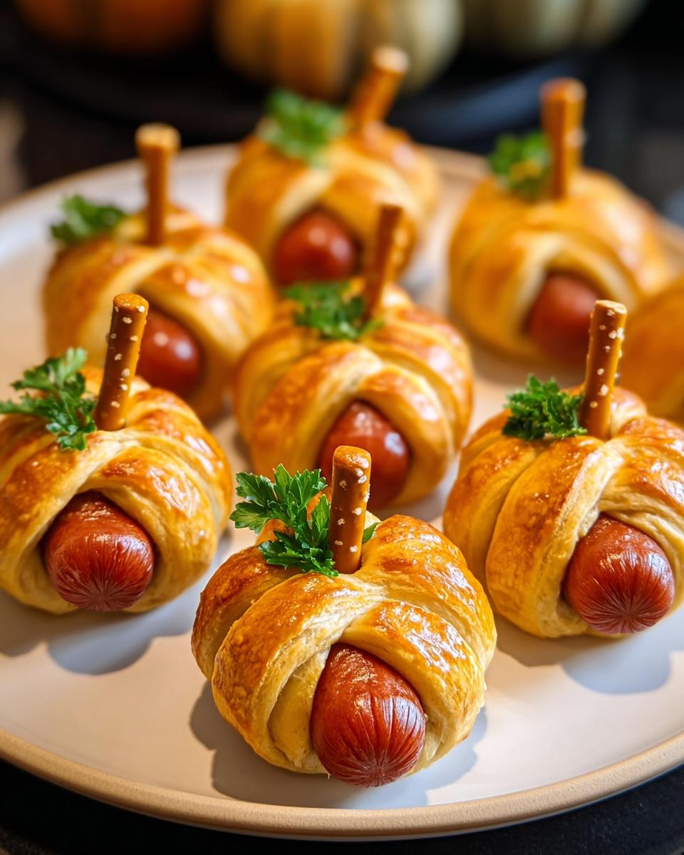 A plate of Pumpkin Patch Pigs in a Blanket Bites, styled to look like pumpkins with pretzel stems.