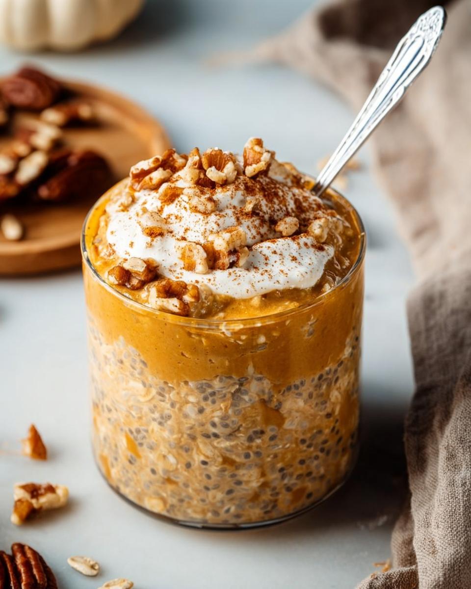 A glass filled with Pumpkin Pie Overnight Oats, topped with cream, nuts and cinnamon.