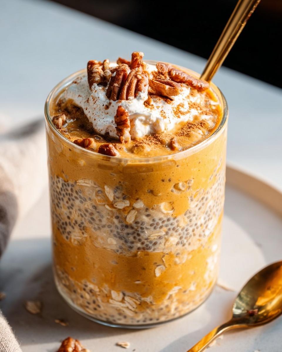 Glass jar of Pumpkin Pie Overnight Oats layered with chia seeds, oats, pumpkin puree, topped with whipped cream and pecans.