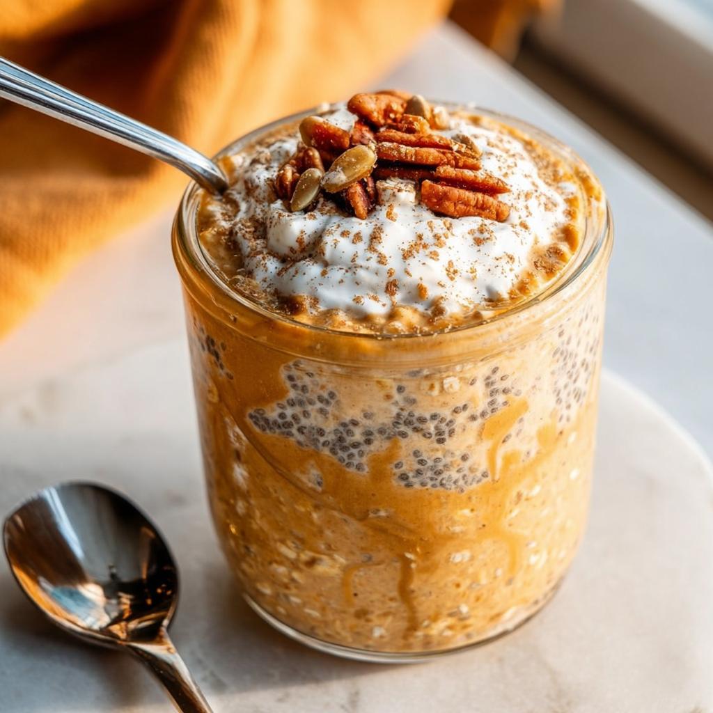 A glass jar filled with Pumpkin Pie Overnight Oats, topped with cream, pecans, and pumpkin seeds.