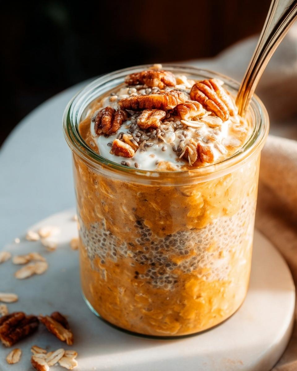 Jar of Pumpkin Pie Overnight Oats topped with pecans, chia seeds, and oats, with a spoon.