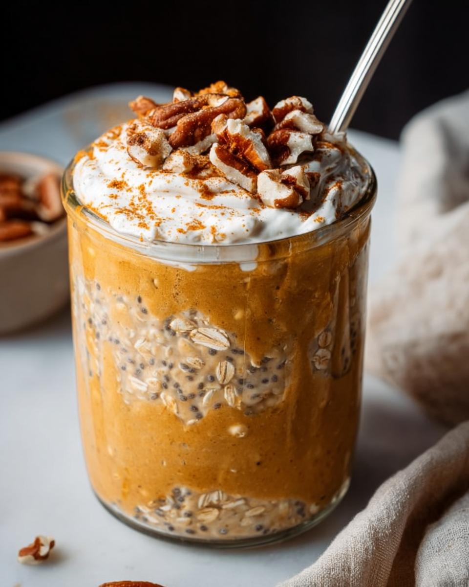 Jar of Pumpkin Pie Overnight Oats topped with whipped cream and chopped pecans.
