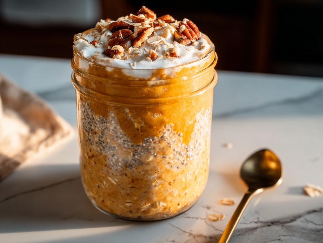 A glass jar filled with Pumpkin Pie Overnight Oats, topped with pecans and cream.
