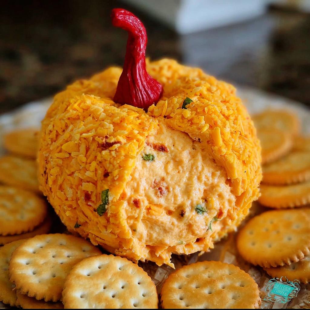 A festive Pumpkin-Shaped Cheese Ball with Ritz Crackers, topped with a red pepper stem, surrounded by crackers.