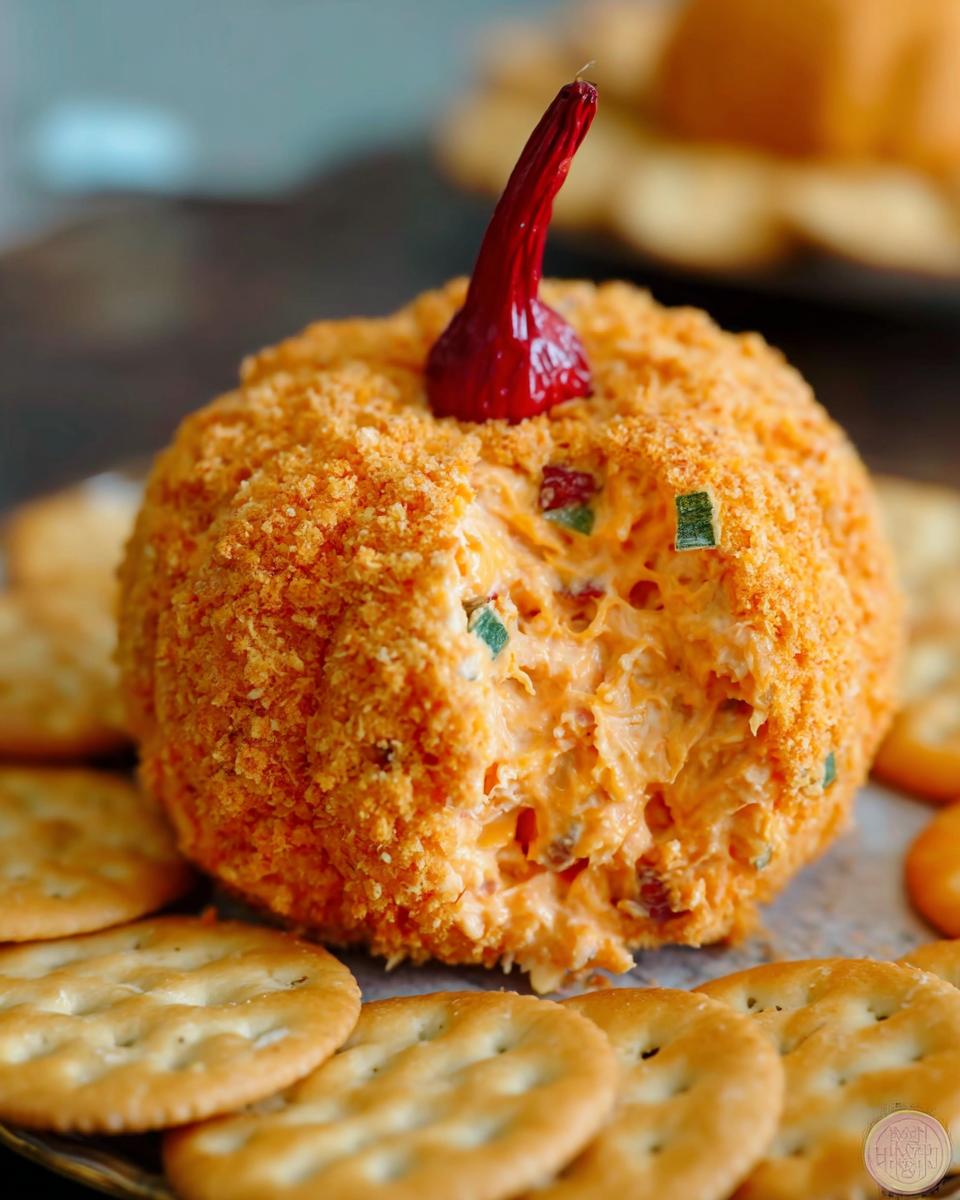 Close-up of a Pumpkin‑Shaped Cheese Ball with Ritz Crackers, showing the interior and cracker coating.